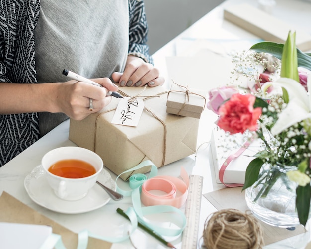 Present box with label tag