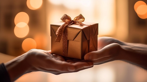 present box with red satin ribbon in woman hands