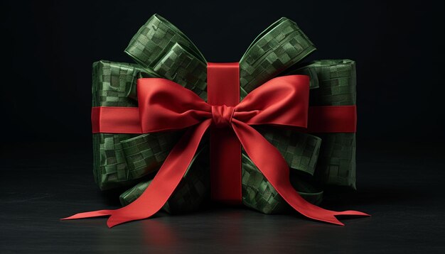 Present the green watermelon as a gift on a dark surface with a vibrant red bow tied around it creating the illusion of a special unexpected surprise