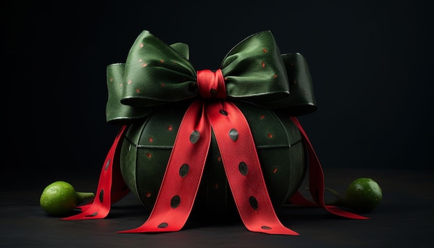 Present the green watermelon as a gift on a dark surface with a vibrant red bow tied around it creating the illusion of a special unexpected surprise