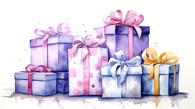 Present Watercolor illustration Paper boxes with ribbon and shadow on a white background