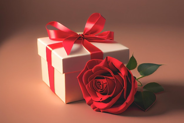 Present wrapped in red bow with red rose on red background