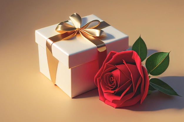 Present wrapped in red bow with red rose on red background