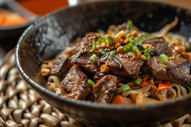 Presentation of Black Meat with Vegetables and Noodles