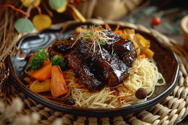 Presentation of Black Meat with Vegetables and Noodles