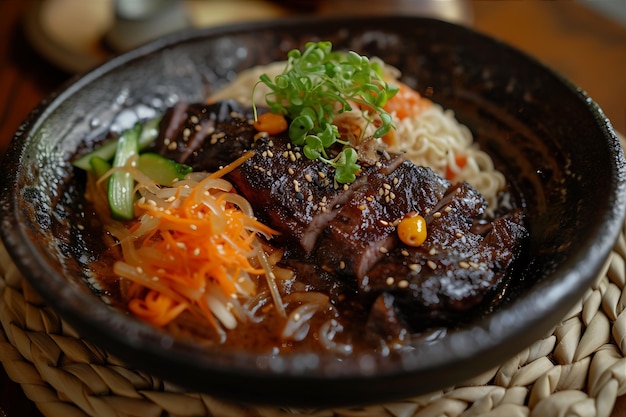 Presentation of Black Meat with Vegetables and Noodles