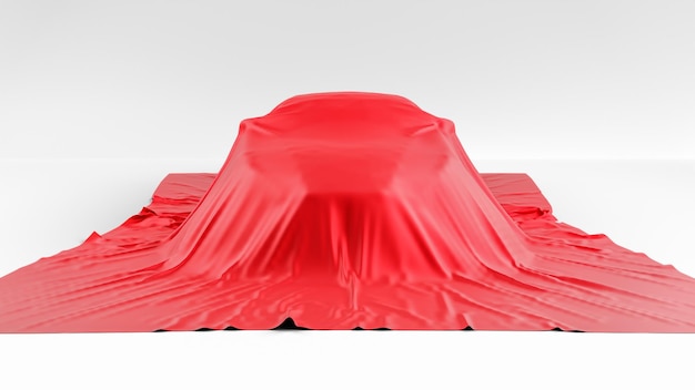 Presentation car under red cloth on white background 3d rendering