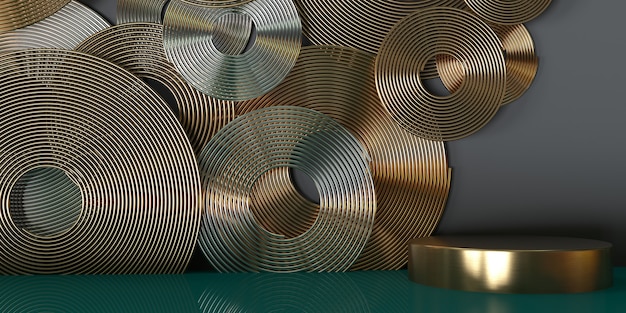 Presentation podium on the background of a wall made of metal spirals 3d illustration