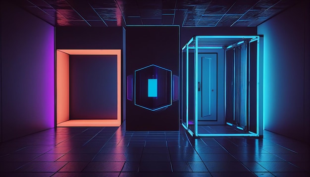 Presentation of products in an empty room in a futuristic metaverse