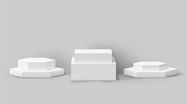 Presented on a white background are transparent abstract plastic podiums product presentation stands and stage pedestal mockups