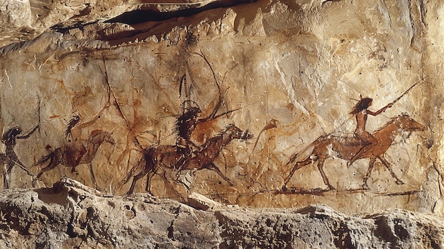 Photo presenting ancient rock art of cave paintings depicting people hunting and gathering