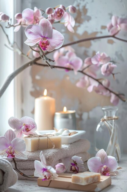 Presenting a beautiful setup featuring orchid flowers soap bars and candles creating an elegant