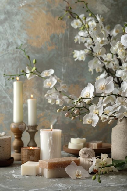 Presenting a beautiful setup featuring orchid flowers soap bars and candles creating an elegant