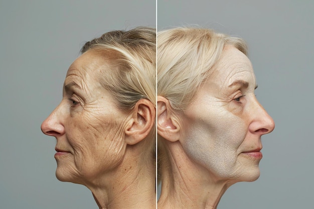 Presenting Before and after photo of a womans face and neck skin texture showcasing cosmetic effec