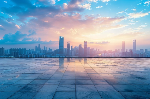 Presenting Empty square floor with city skyline background