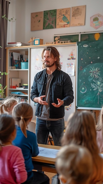 Presenting to a group of kids in the classroom the instructor is expanding her expertise and offering educational perspectives