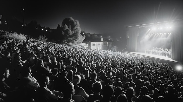 Photo presenting a large crowd of people watching an outdoor concert dark background photo taken with pr