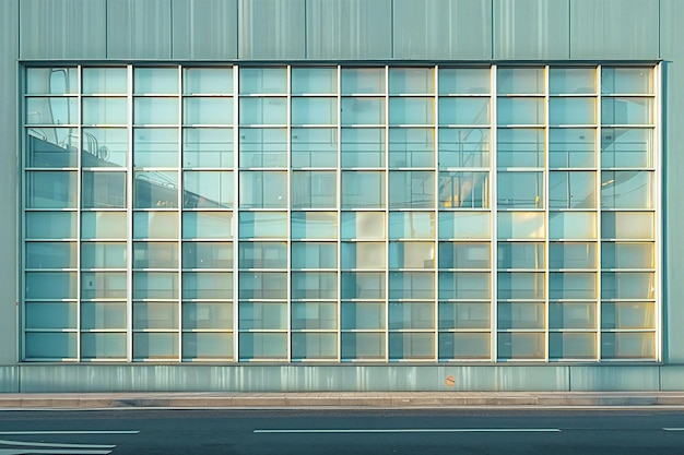 Presenting Large windows on an office building with grid pattern and light blue palette captured in