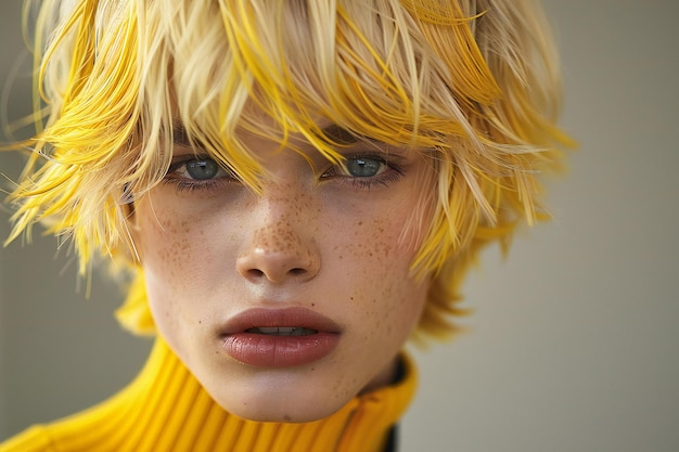 Presenting Model men wearing yellow bob haircut