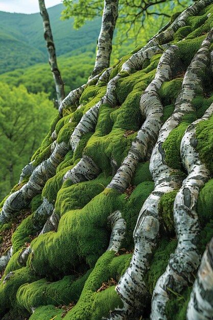 Presenting Mosscovered tree trunk in forest roots forming intricate pattern green hues contrast w