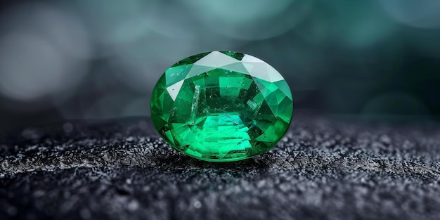 Photo presenting ovalshaped single emerald gemstone on dark surface with soft lighting background in bla