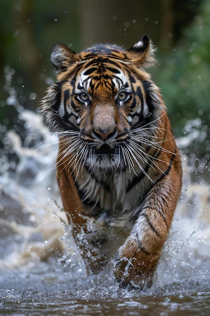 Photo presenting tiger running in water with motion capture superb photography