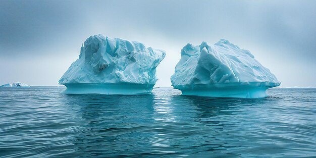 Presenting Two icebergs floating in ocean with low contrast and muted colors