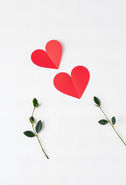 Photo presenting two red paper hearts and a simple flower on white background