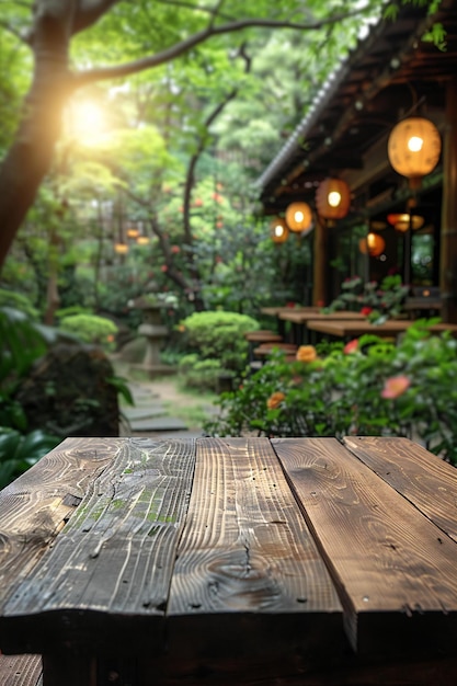 Presenting Wooden table top with blurred abstract background of a green garden and modern coffee sho