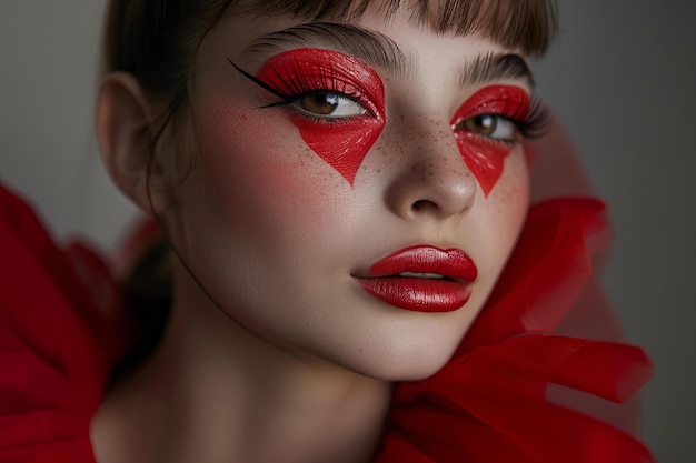 Photo presenting young woman with heartshaped makeup red and white aesthetic