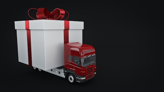 Presents delivery service concept, truck with a gift box. 3d rendering