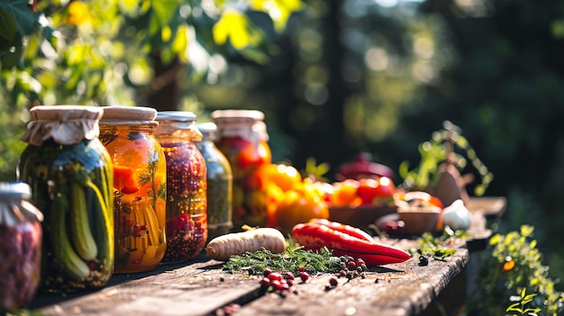 preservation of vegetables on a wooden table against the background of nature