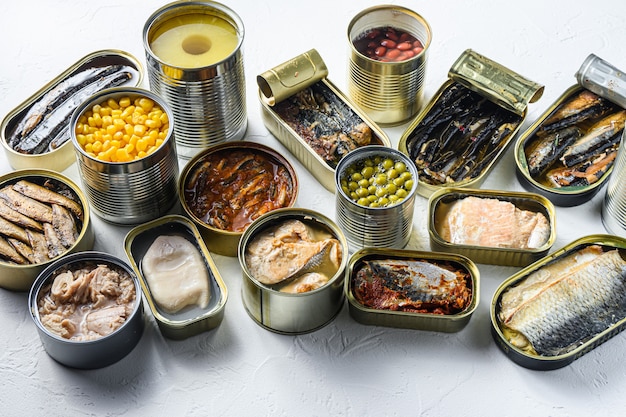 Preserve fish cans with different types of fish and seafood