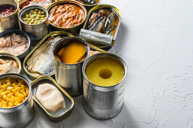 Preserve fish cans with different types of fish and seafood