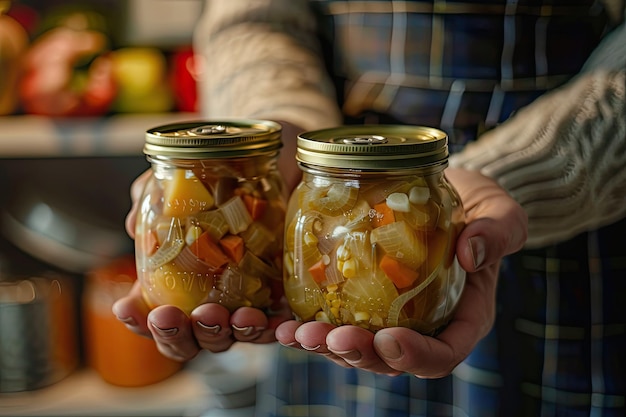 Photo preserved food in hands at home