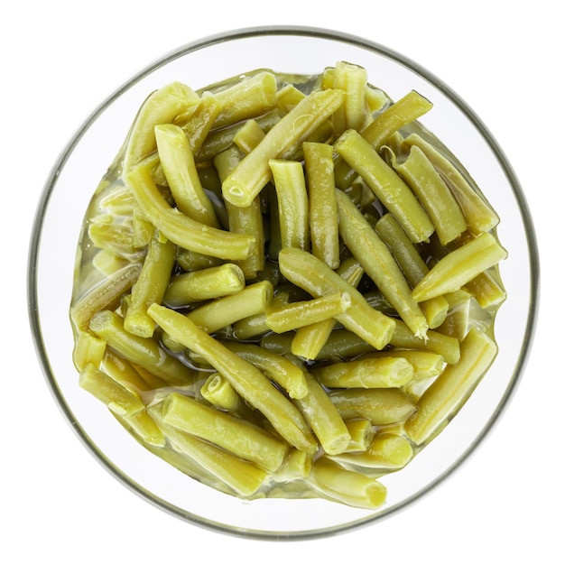 Preserved Green Beans isolated on white background selective focus closeup shot