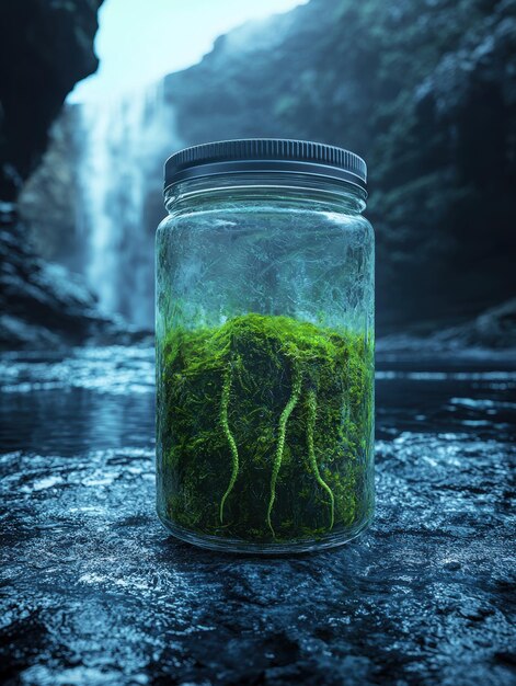 Photo preserved moss in glass jar against waterfall backdrop