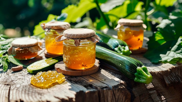 Preserved zucchini in a jar Selective focus