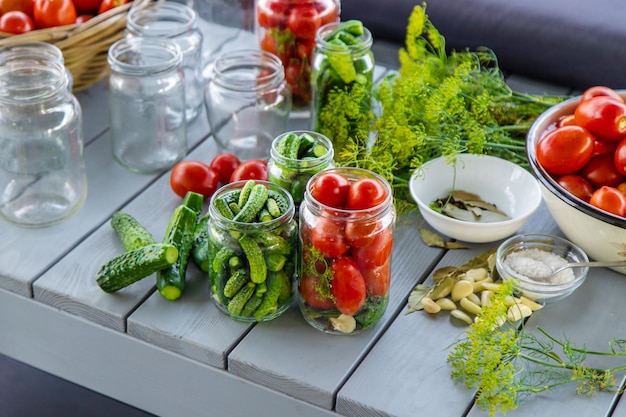 Preserving tomatoes in jars Selective focus