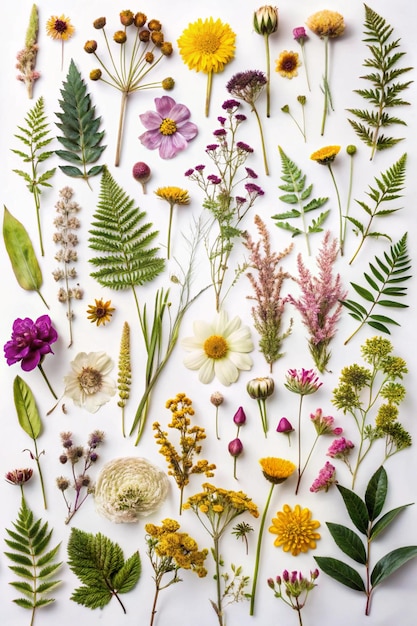 Photo pressed dried flowers and plants on white background flat lay beautiful herbarium