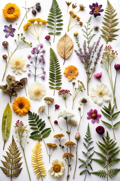 Photo pressed dried flowers and plants on white background flat lay beautiful herbarium