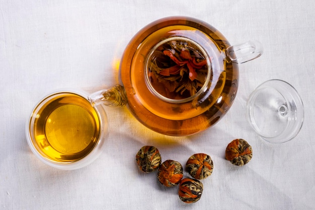 Pressed Green Chinese Oolong Tea Balls blooms in a teapot in the form of a flower