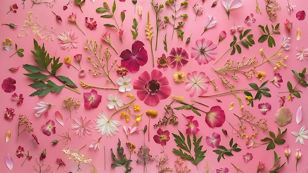 Pressed plants and flowers on pastel pink background selective focus