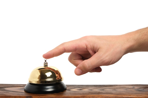 Pressing your finger on call hotel service on white backgroundConceptual hotel travel and recreation