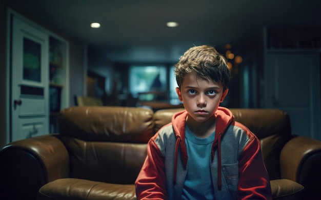 A preteen boy sits in a living room with a distressed face a blurred figure of an adult visible in the background hinting at domestic tension generative AI