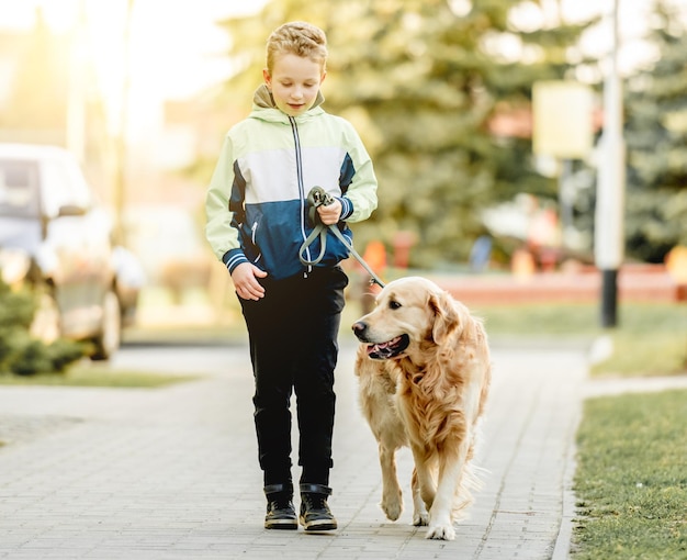 Preteen boy with golden retriever