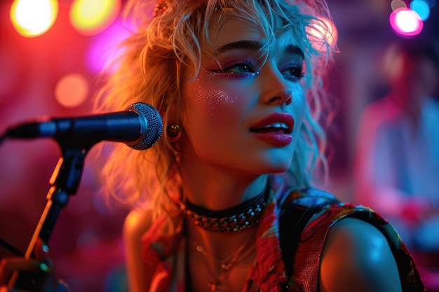 Pretty 25 year old blonde girl wearing 1980s singer