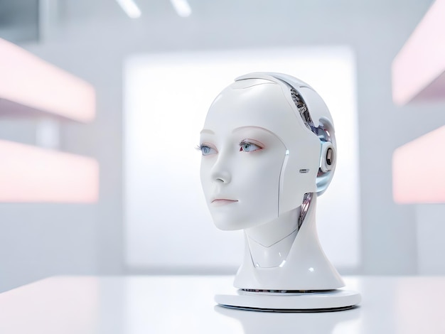 A Pretty AI head looking slightly forward on a hightech stand on a white table