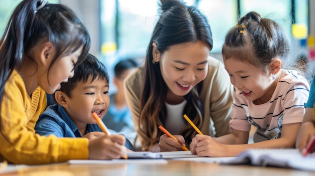 Pretty asian female teacher and little children in classroom writing or drawing on paper