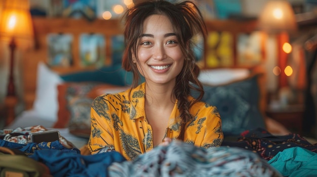 A pretty Asian woman excitedly preparing clothes for her luggage chats happily with her friend